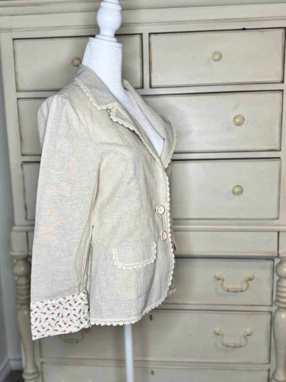 Anthropologie (Nick & Mo) Beige Linen Blend Crochet Trim Blazer - M NWT - Picture 5 of 16